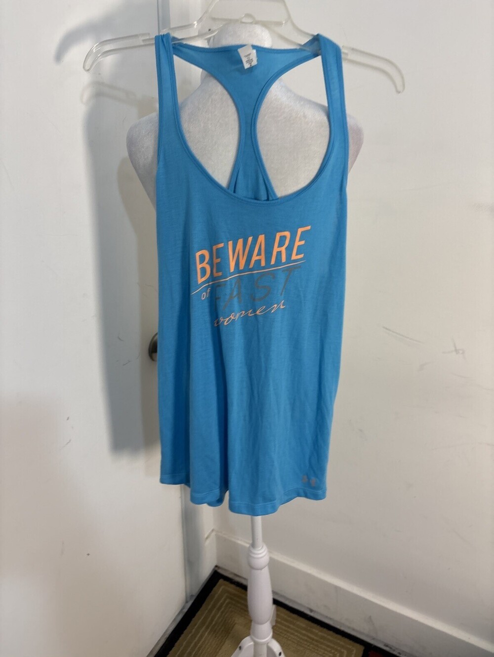 Under Armour Runners Tank Top Womens Size L Racerback Blue Beware of Fast Women